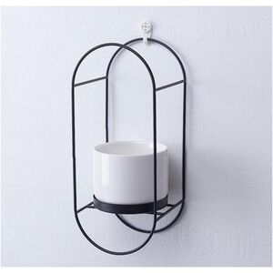Wall Hanging Planter Black Metal Frame with‎ White Ceramic Pot Flower Holder